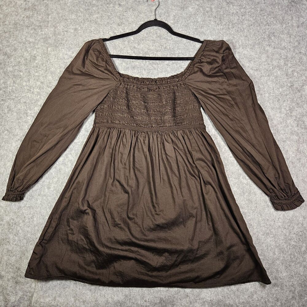 Womens Brown Peasant Milkmaid Smocked Prairie Boho Mini Dress Size Medium READ
